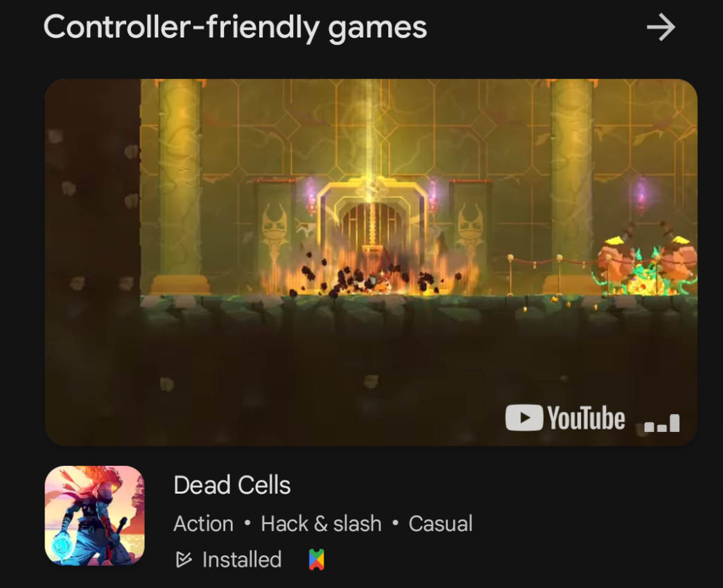 Google Play Pass 設有專為控制器設計的手動精選專區。