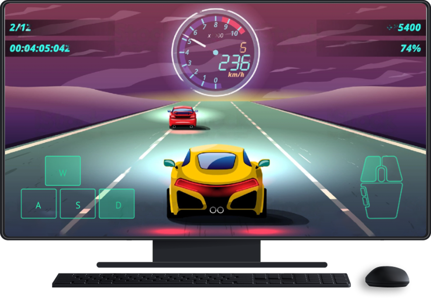 Ordinateur de bureau avec clavier et souris. Le jeu est à l'écran, et affiche les entrées tactiles pour le contrôle de la direction et la souris.