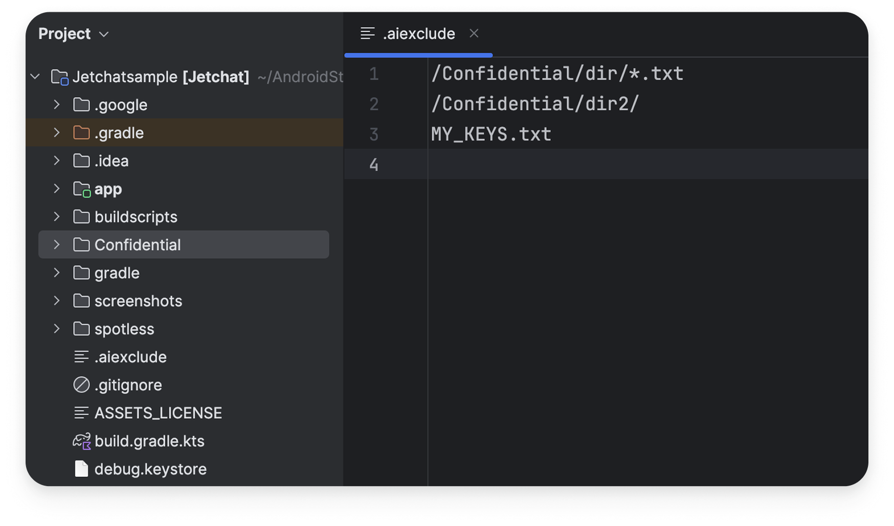 Screenshot der Konfigurationsdatei „.aiexclude“