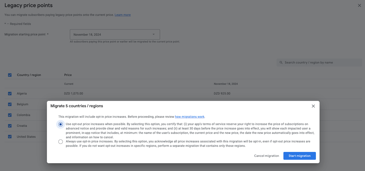 Migrazione delle coorti di prezzi precedenti di Google Play Console con aumento tacito