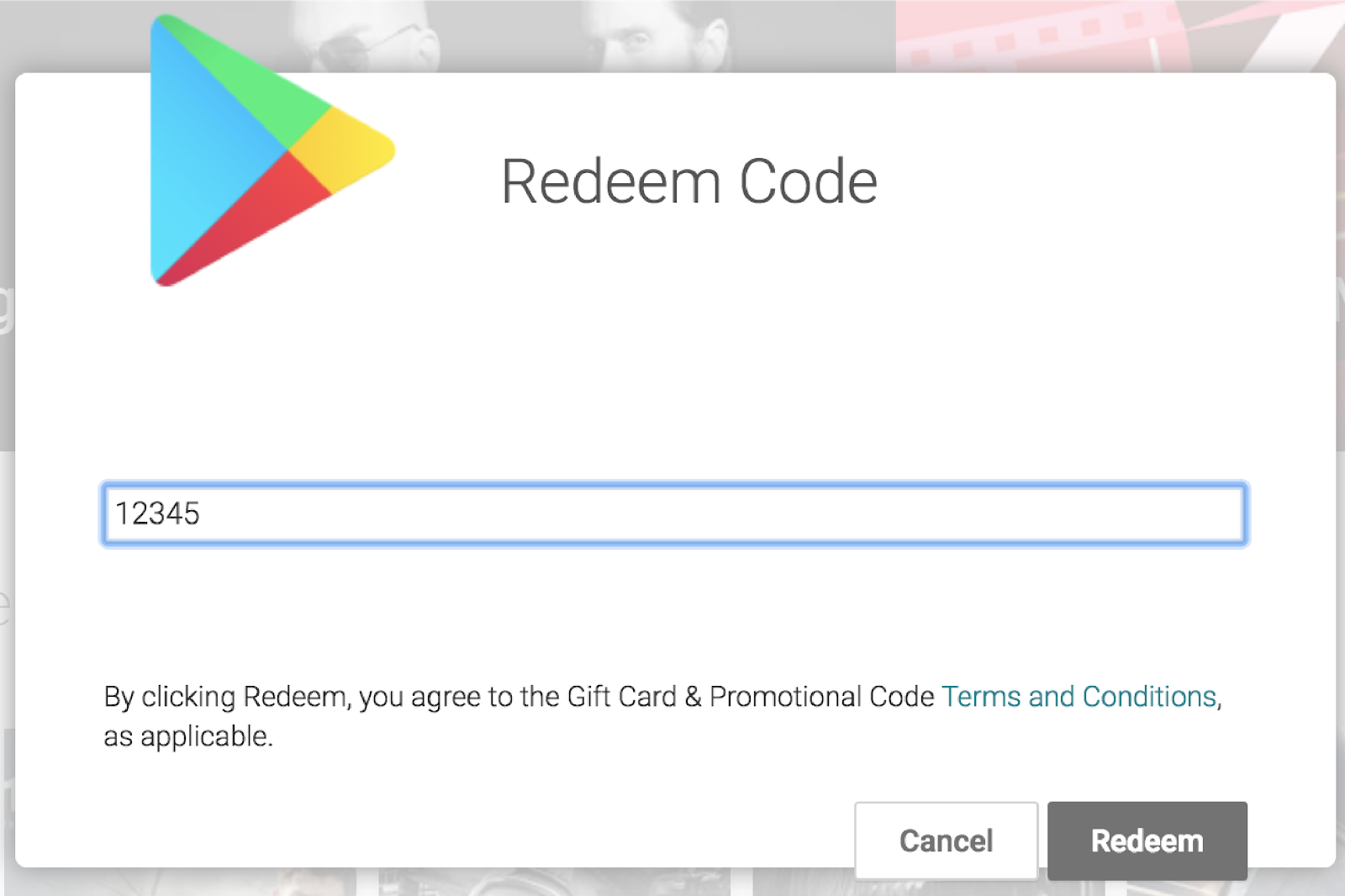 Finestra di dialogo per il codice promozionale dell'app Google Play