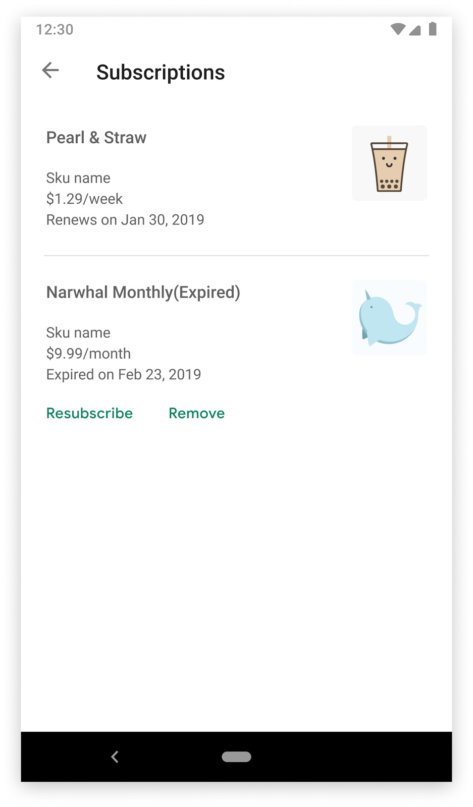 قسم الاشتراكات في تطبيق "متجر Google Play" يعرض اشتراكًا تم إلغاؤه وانتهت صلاحيته مع زرَّي "إعادة الاشتراك" و"إزالة"