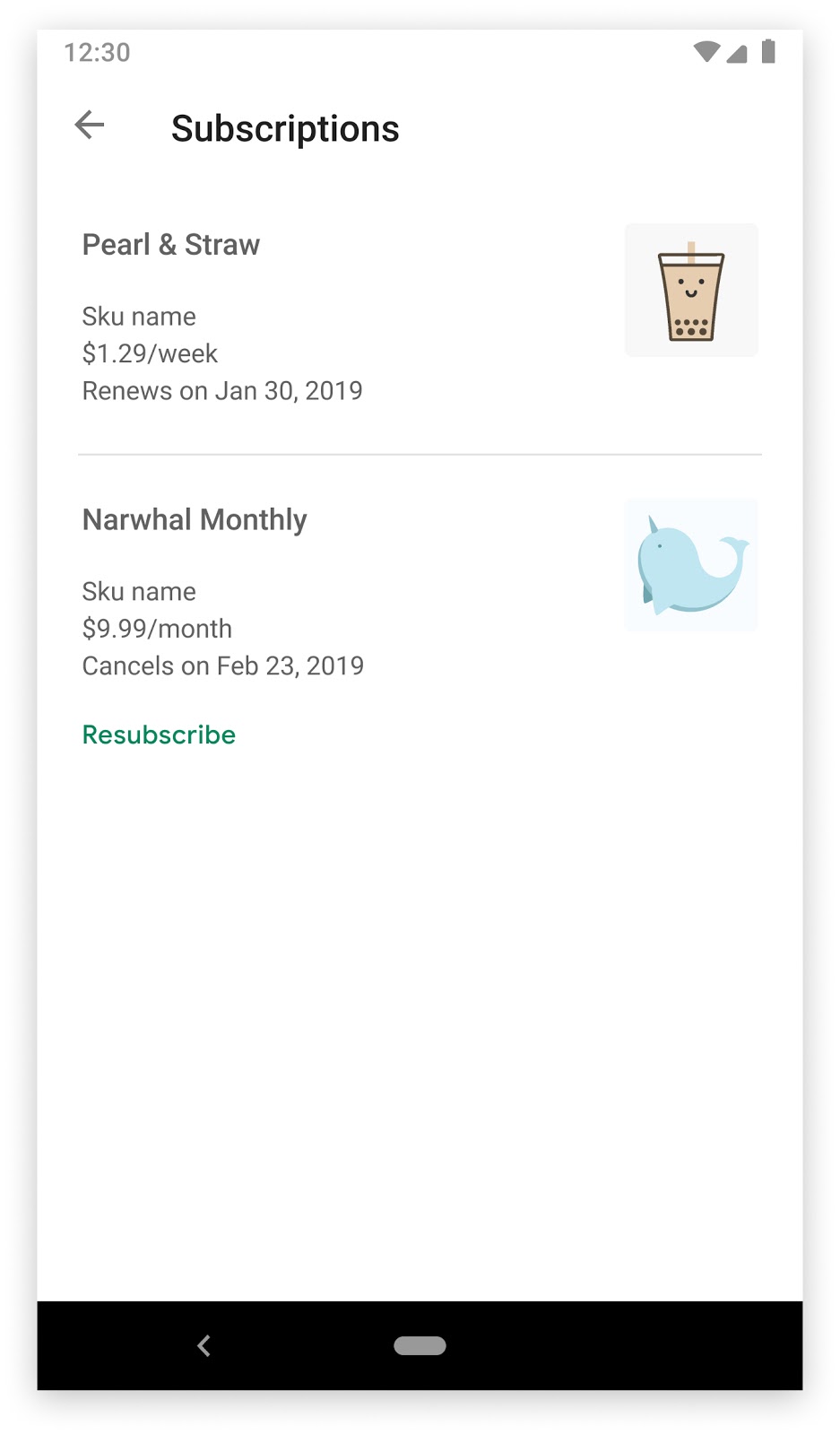 ส่วนการสมัครใช้บริการในแอป Google Play Store แสดงการสมัครใช้บริการที่ยกเลิกแล้วพร้อมปุ่มสมัครอีกครั้ง