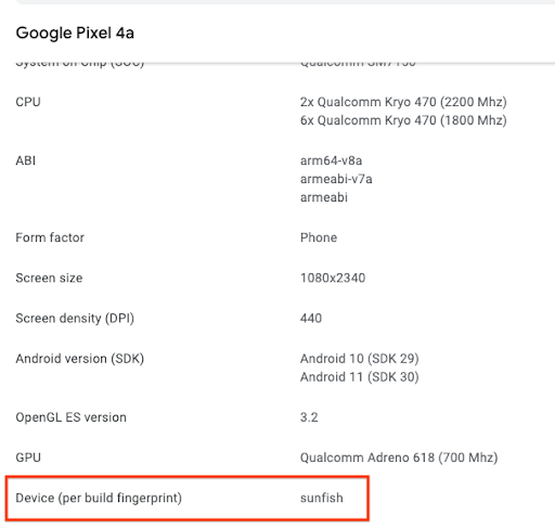 डिवाइस कैटलॉग में Pixel 4a का पेज