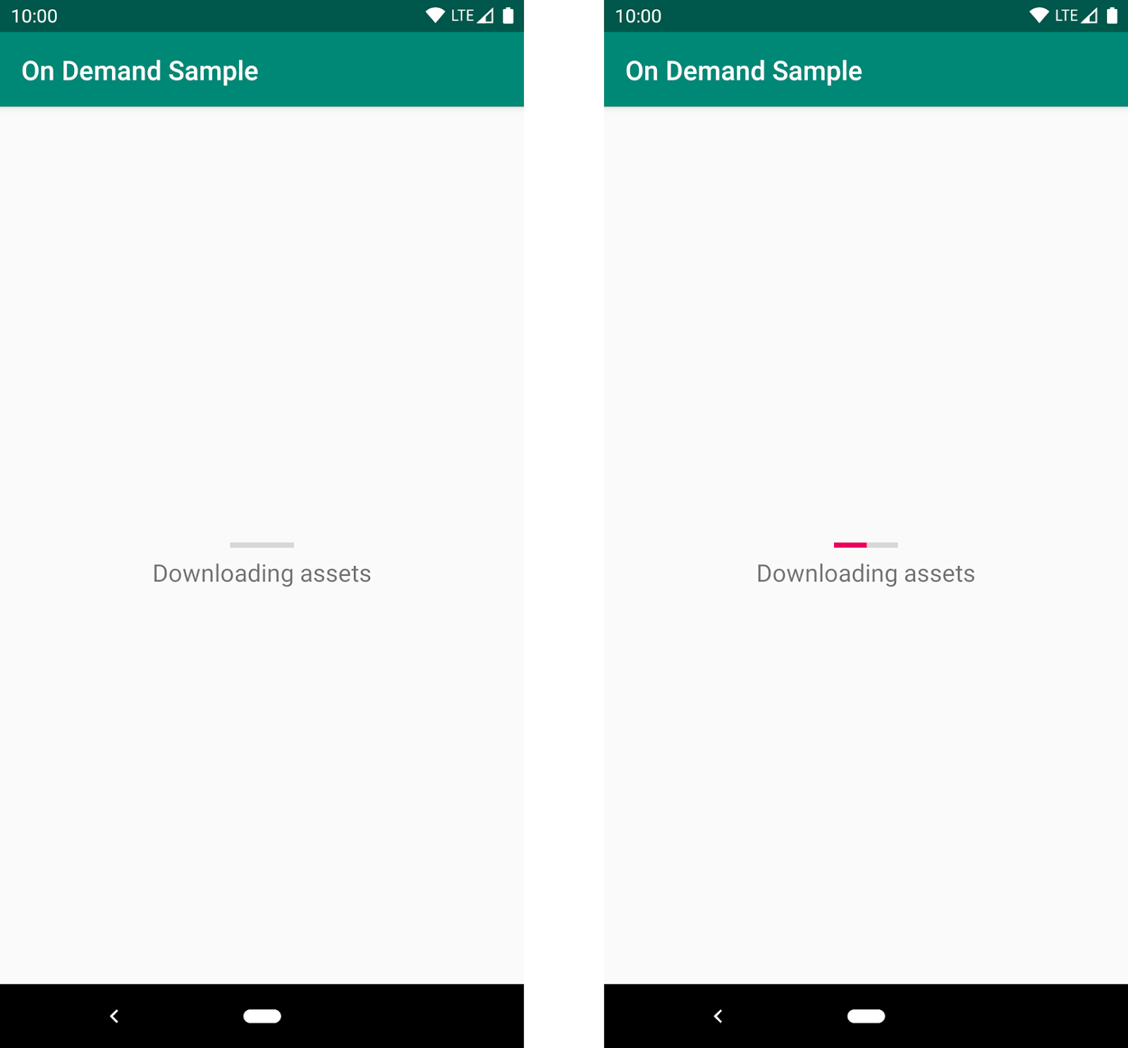 dua layar pemuatan yang menampilkan UI dengan status progres saat menavigasi ke
modul fitur untuk pertama kalinya