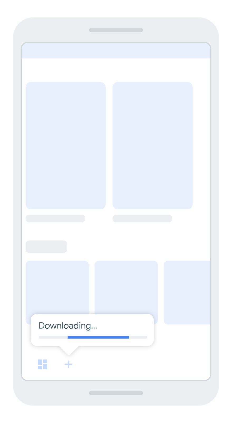 layar yang menampilkan menu navigasi bawah dengan ikon yang menunjukkan
bahwa modul fitur sedang didownload