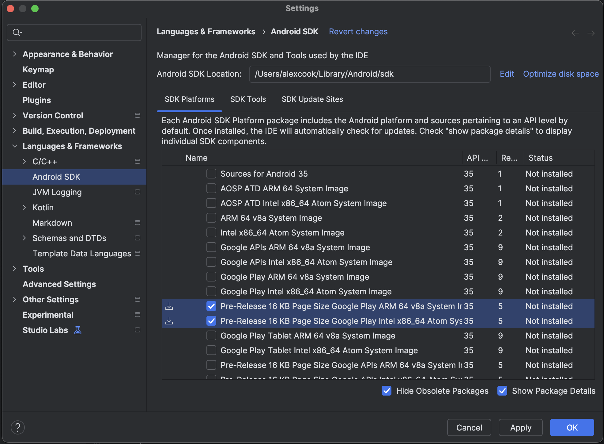 16 KB große Emulator-Systemabbilder mit dem SDK Manager in Android Studio herunterladen