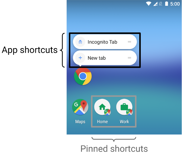 Image montrant le contraste entre les raccourcis d'application et les raccourcis épinglés