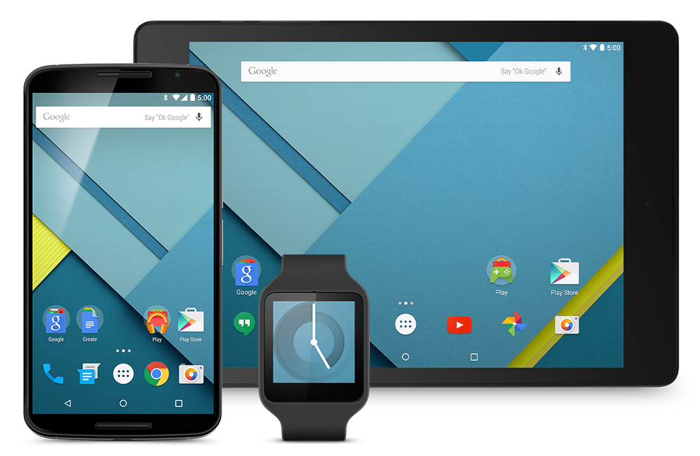 Divers appareils, dont une montre, un mobile et une tablette en mode paysage, affichant Android 5.0