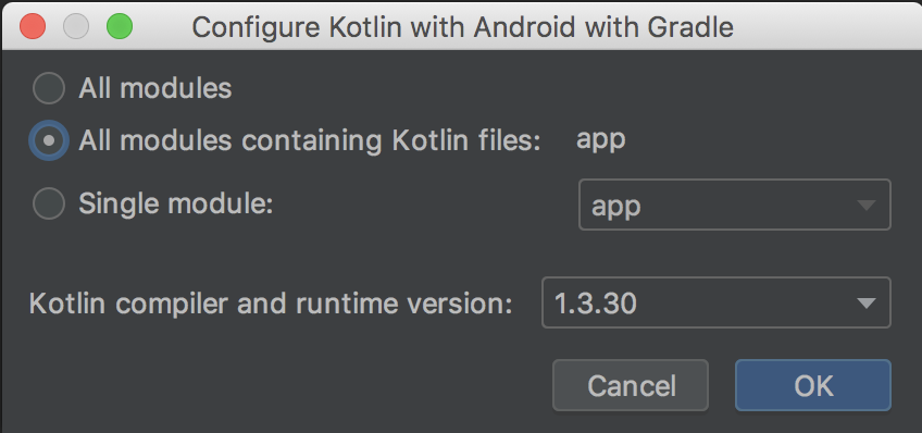 Kotlin kodunu içeren tüm modüller için Kotlin'i yapılandırmayı tercih etme