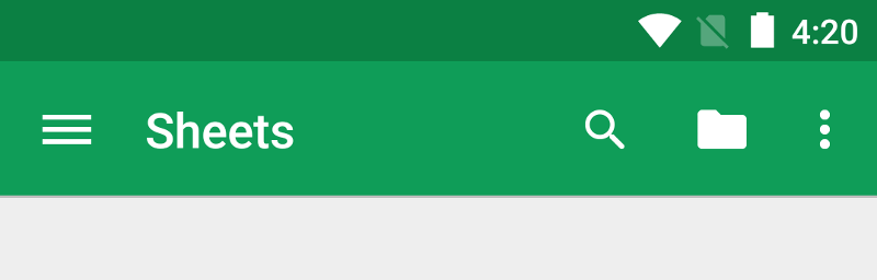 Image montrant une barre d'application verte, avec un menu hamburger et trois icônes d'action