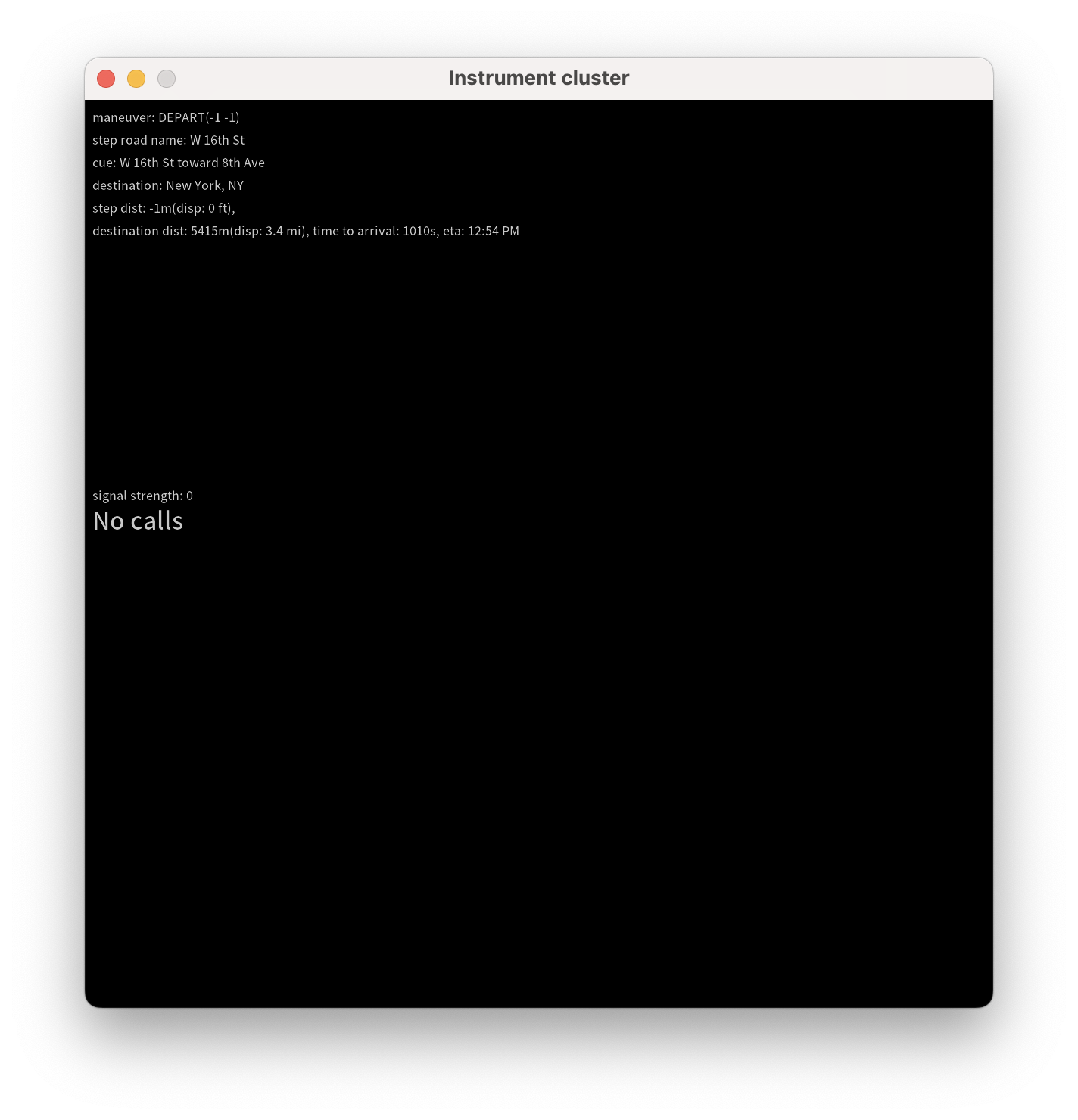 The DHU's instrument cluster window showing both navigation and call
state information