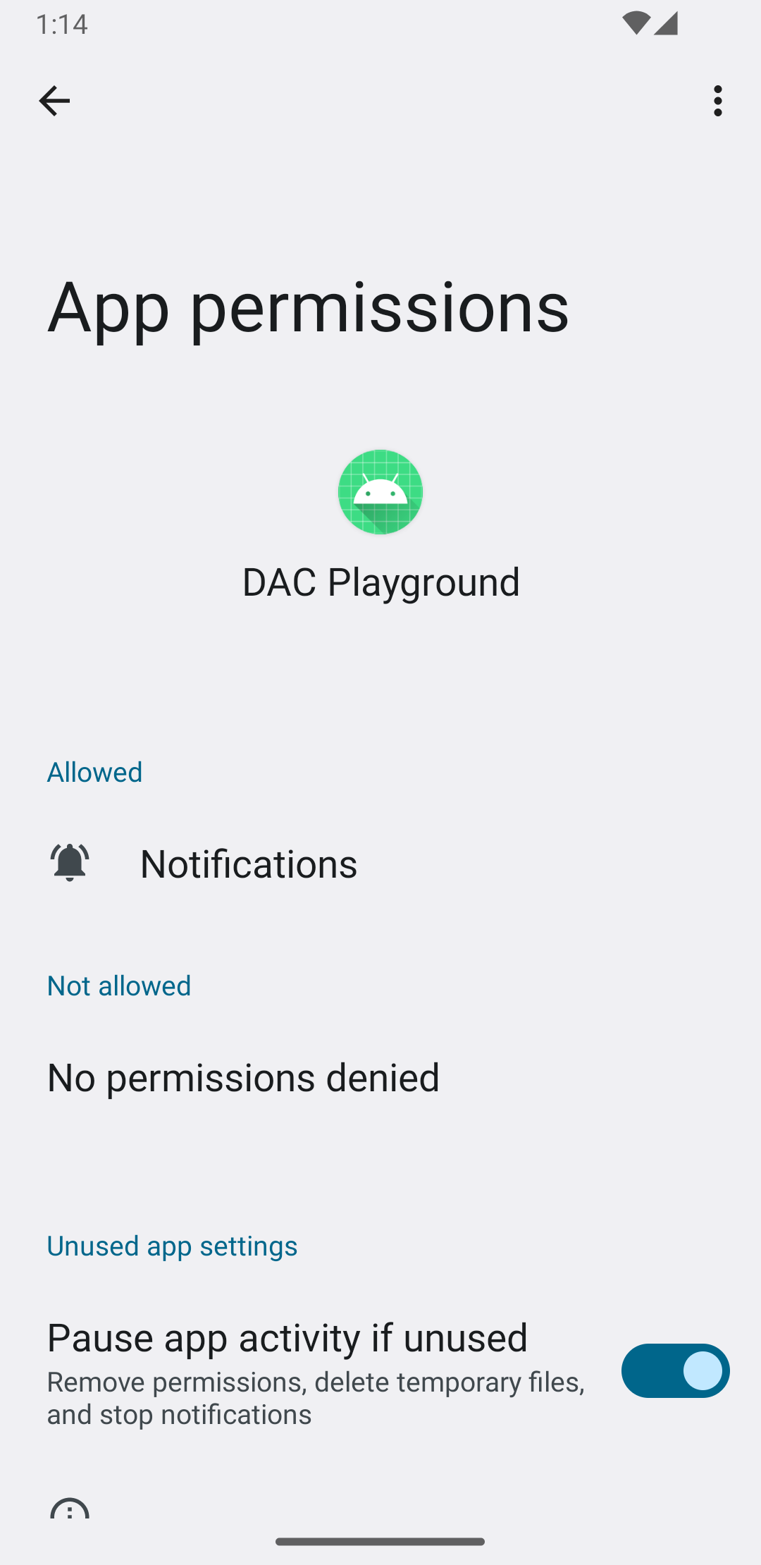 Image montrant l'écran "Infos sur l'appli" après l'octroi de l'autorisation de notification