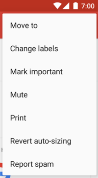 Image montrant un menu pop-up dans l'application Gmail, ancré au bouton à développer en haut à droite.