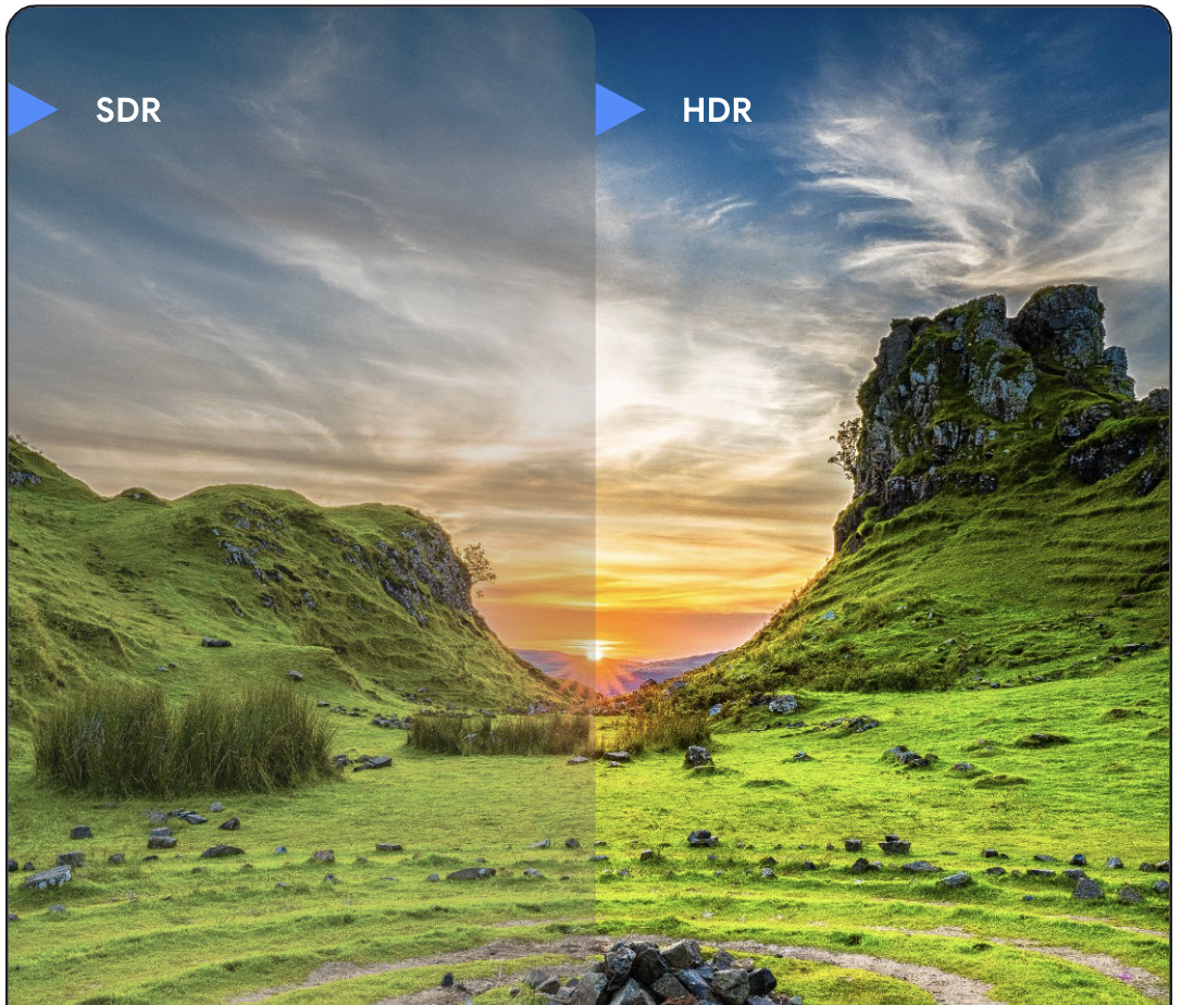 Standart dinamik aralık ile yüksek dinamik aralık arasındaki farkın simülasyonunu gösteren grafik. Grafikte, bulutlu gökyüzü olan bir manzara gösteriliyor. HDR'nin simüle edildiği sağ kısım ise daha parlak ışıklara, daha koyu gölgelere ve daha net renklere sahiptir.