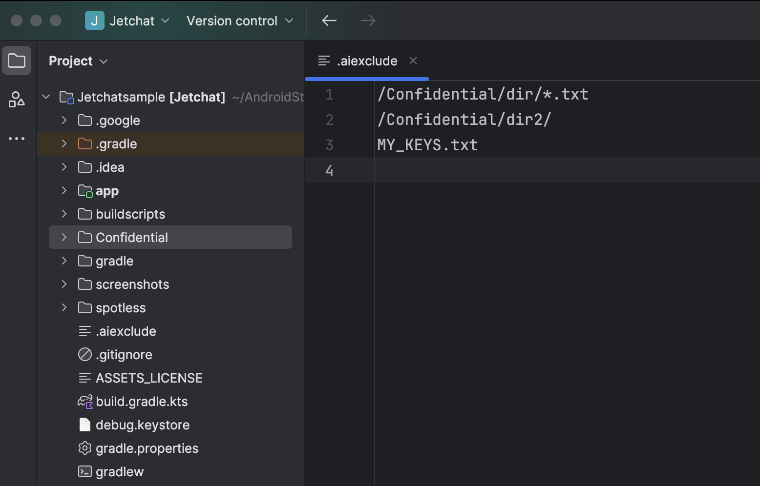 A .aiexclude file in a project directory within Android Studio's project view.