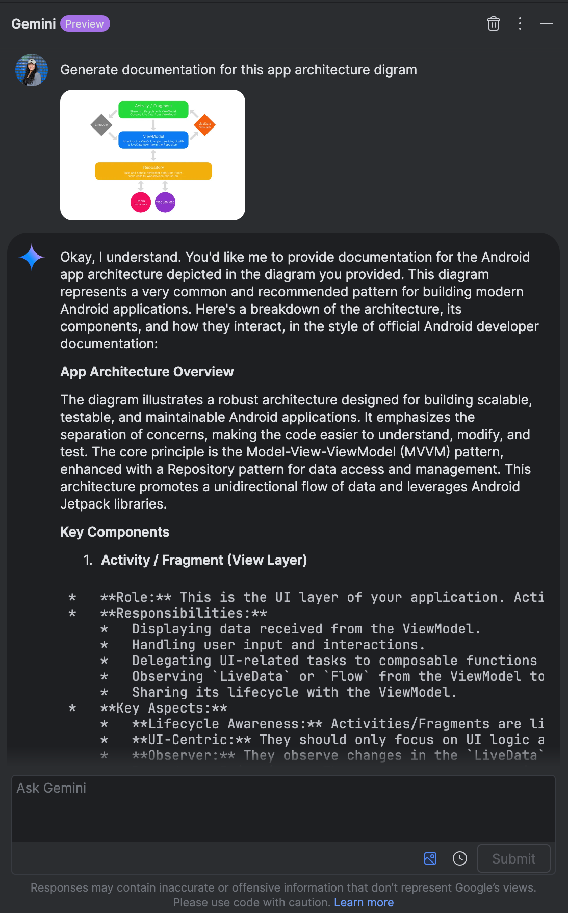 Un diagramma semplificato dell&#39;architettura dell&#39;app che mostra i componenti UI, ViewModel, Repository e Origine dati con frecce che indicano il flusso di dati.