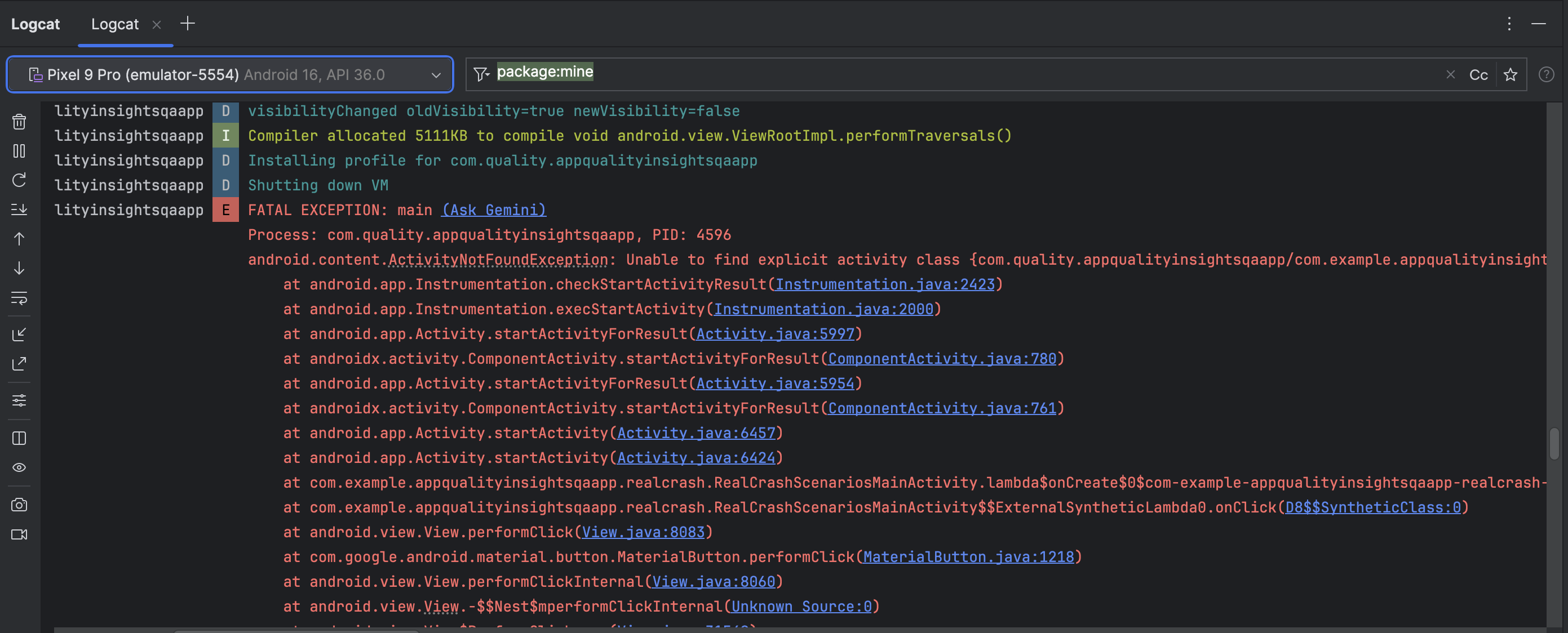 Option „Gemini fragen“ am Anfang eines Logcat-Stacktrace