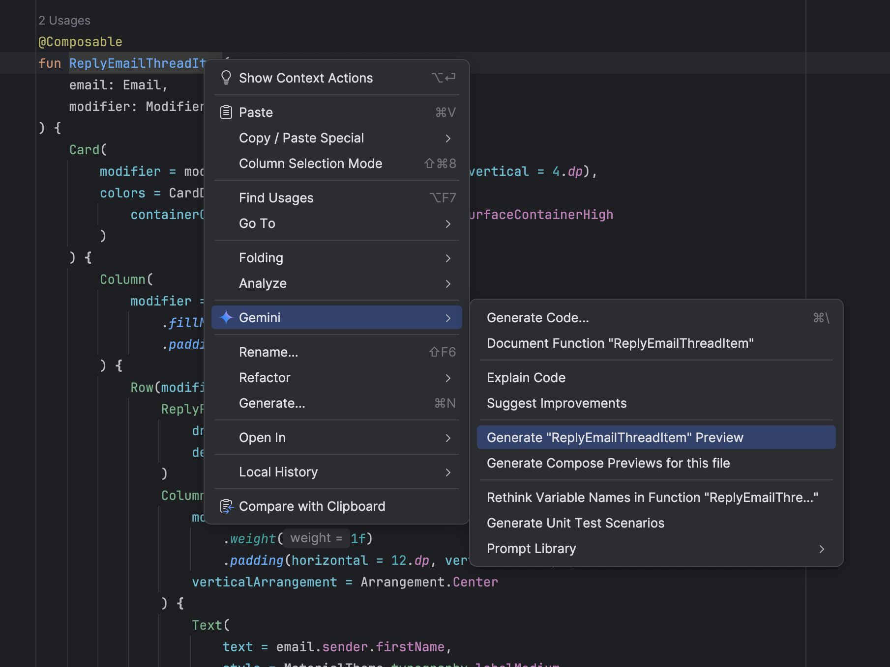 การสร้างตัวอย่าง Compose ด้วย Gemini