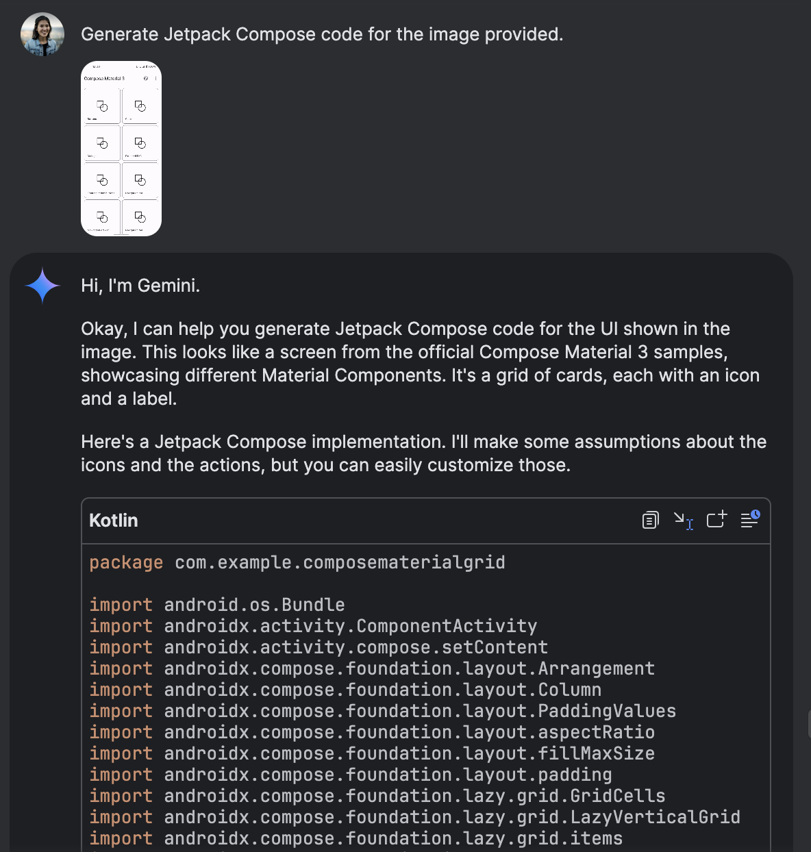 Interfaccia di Gemini Chat che mostra il codice Jetpack Compose generato sulla base di un&#39;immagine.