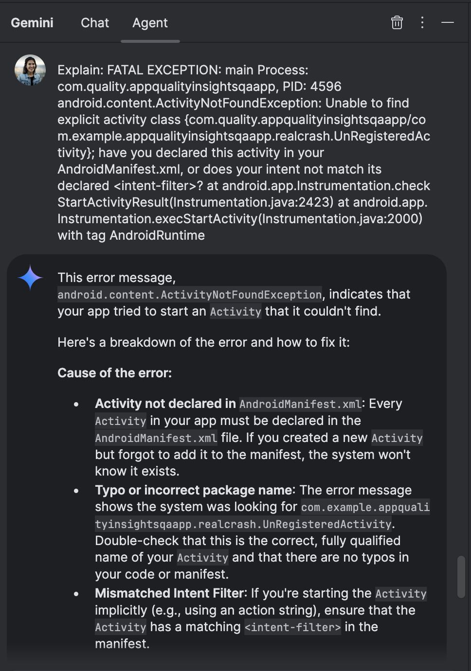 Gemini explique l&#39;erreur Logcat