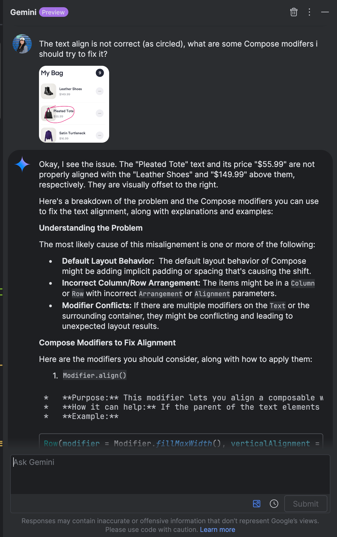 Screenshot di un&#39;app mobile che mostra un bug dell&#39;UI in cui un elemento di testo è sovrapposto o disallineato, evidenziato con un cerchio rosso.