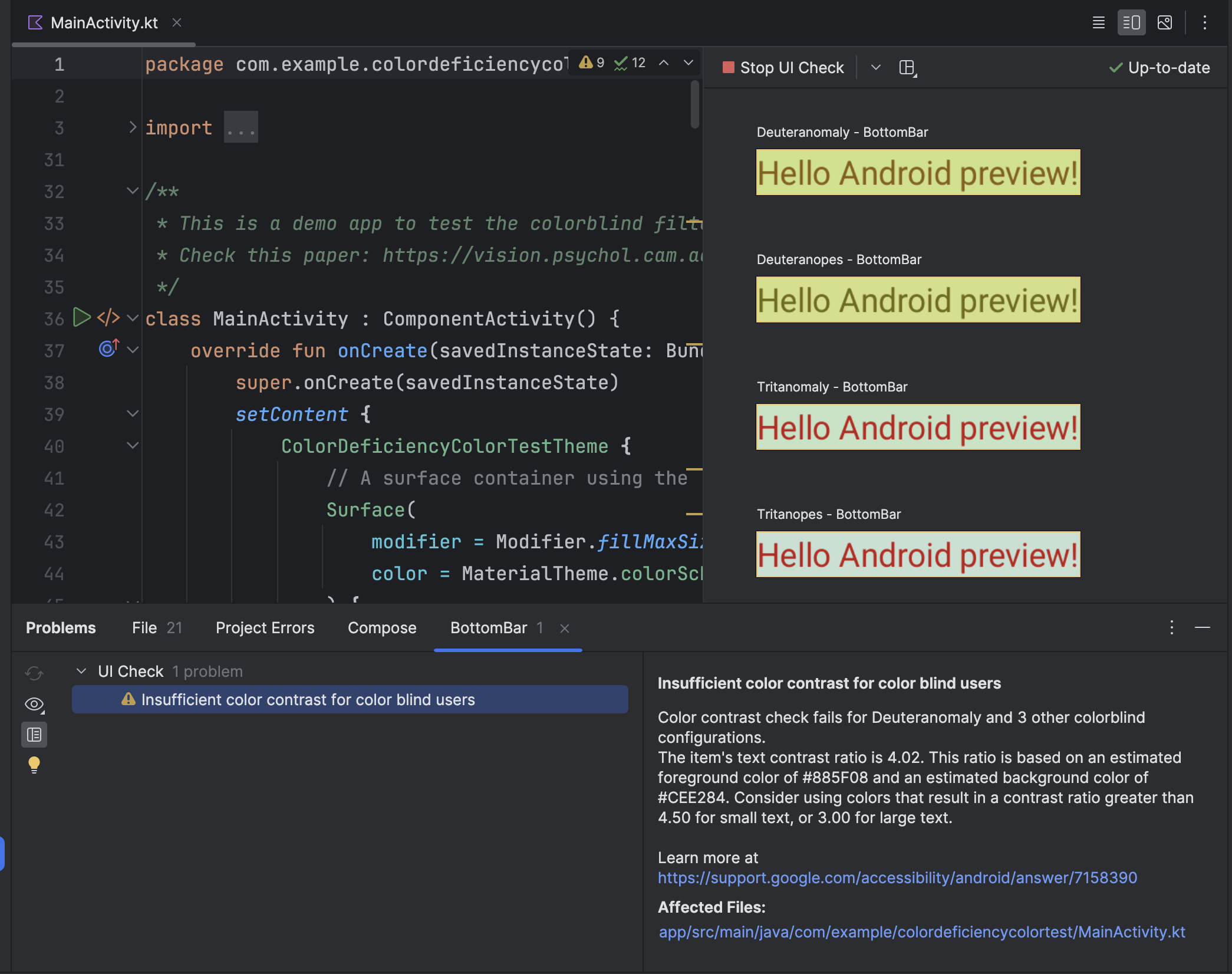 Exemple de vérification de l'interface utilisateur Compose pour les personnes daltoniennes