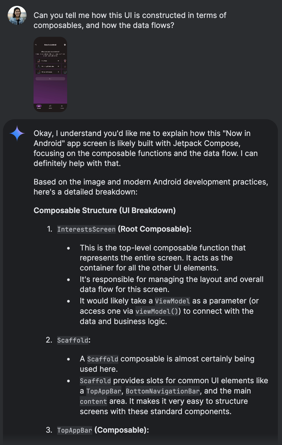 Spiegazione di Gemini dei composable e del flusso di dati di Jetpack Compose per la schermata dei dettagli dell&#39;articolo.