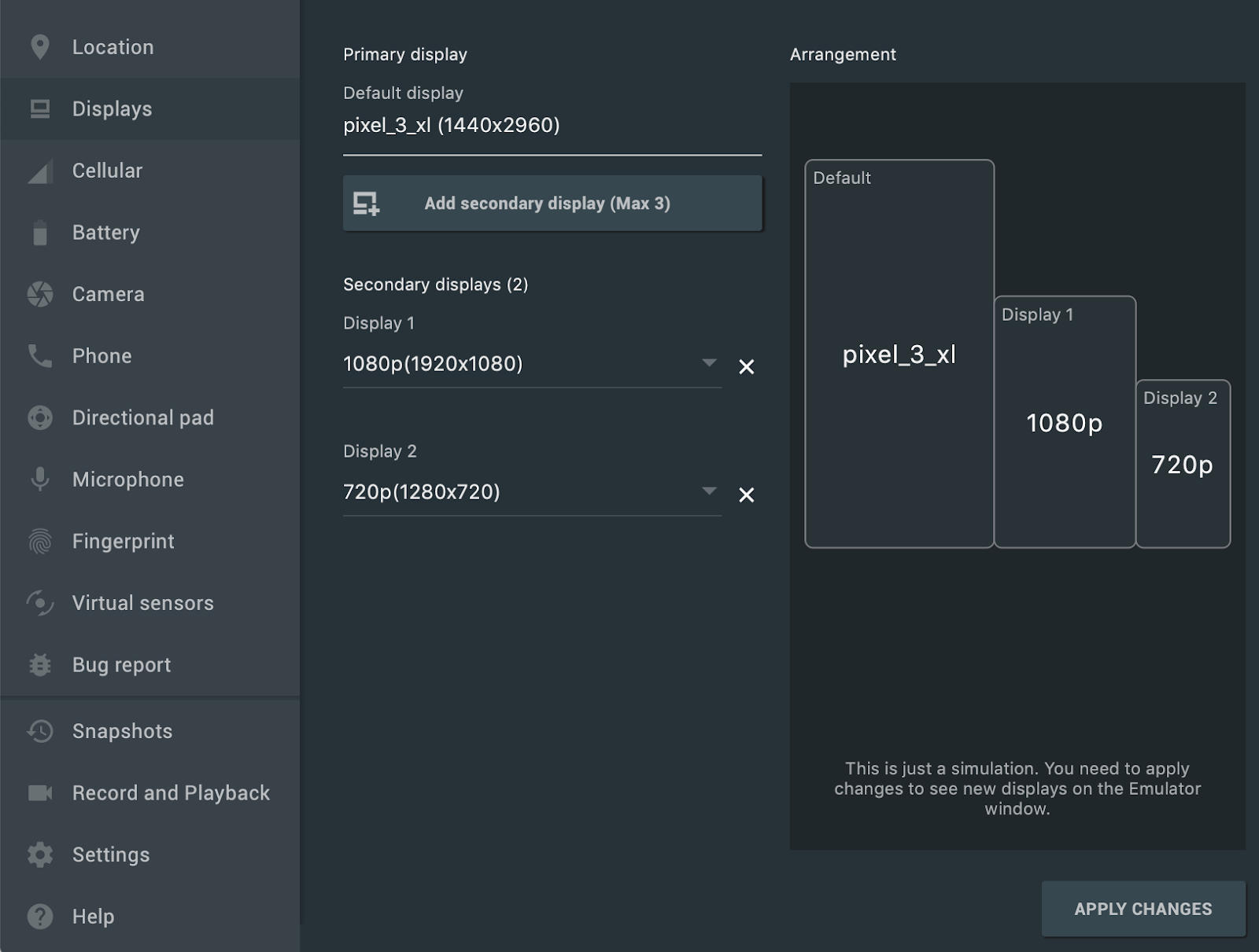 Auf dem Tab „Emulator Extended Controls Display“ können Sie mehrere Displays hinzufügen.