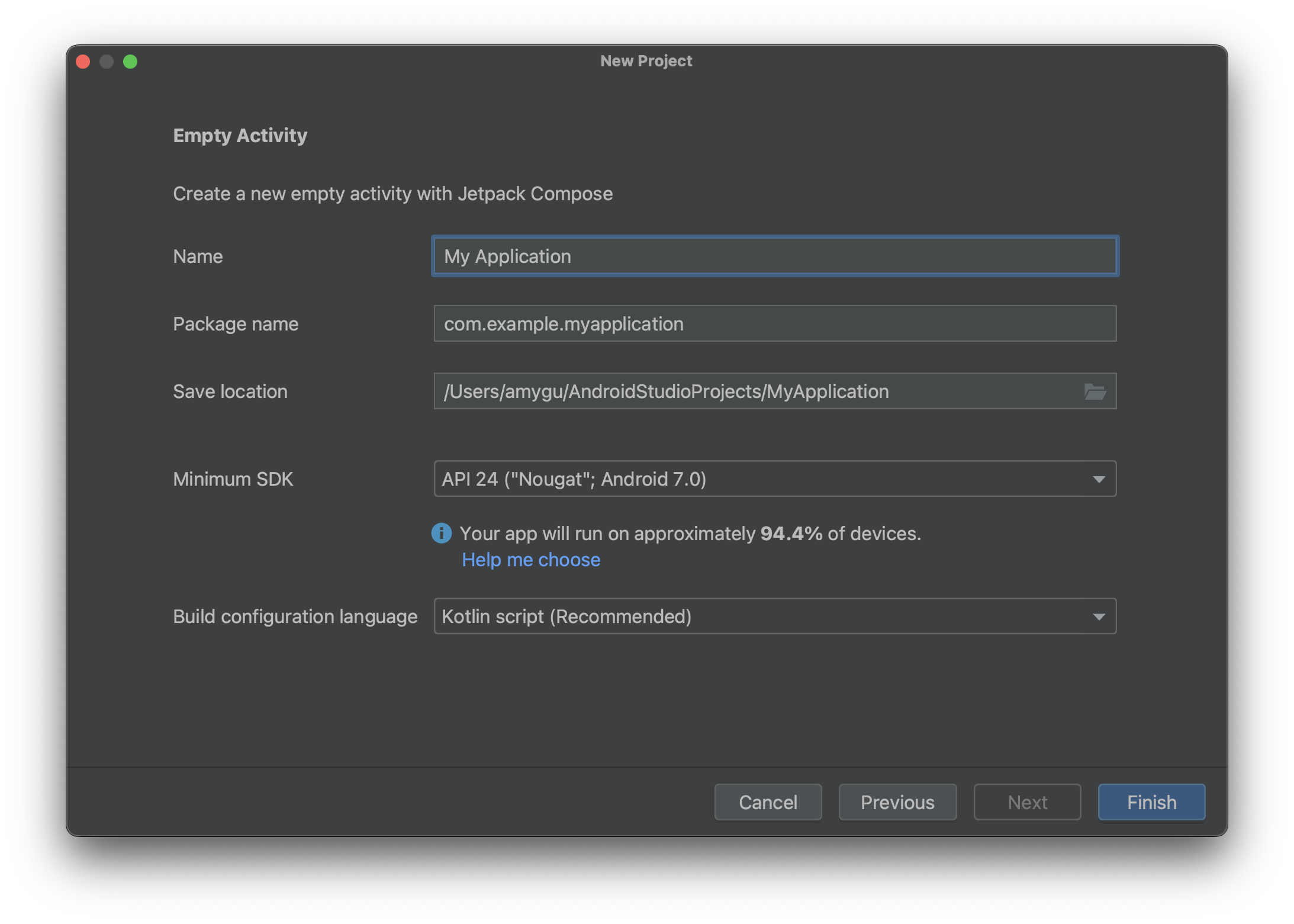 Android Studio में, चौथे चरण में बताई गई प्रोजेक्ट सेटिंग का उदाहरण