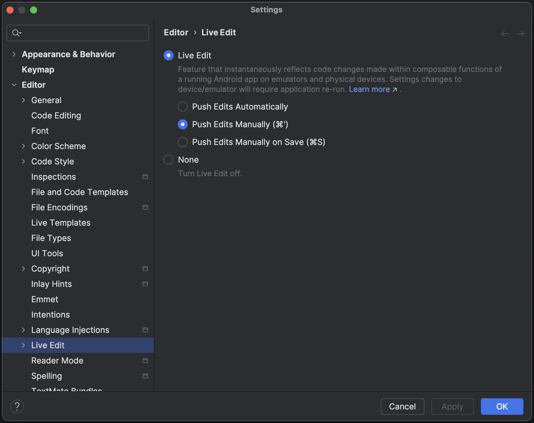 Android Studio की सेटिंग में, लाइव बदलाव करने की सुविधा के लिए चेकबॉक्स वाला यूज़र इंटरफ़ेस