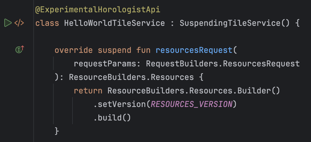 Pulsante Esegui nel margine accanto a una classe WatchFaceService.