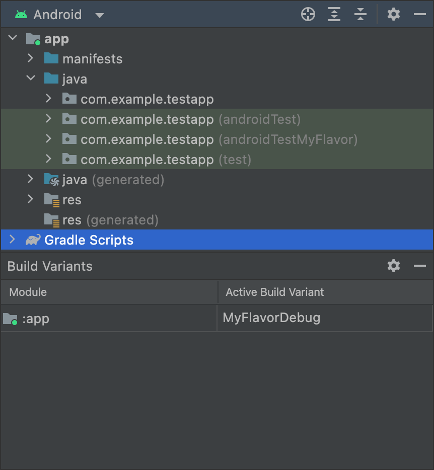 MyFlavor variant selected and androidTestMyFlavor folder is shown
in Android view