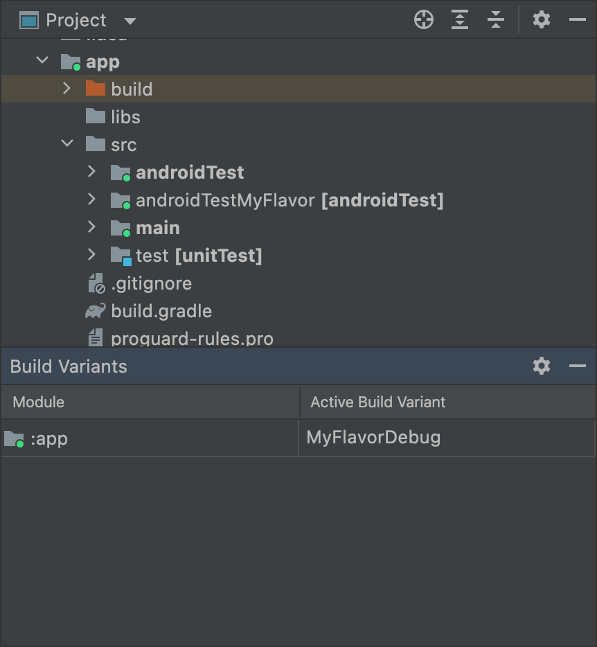 Wybrano wariant MyFlavor i aktywny folder androidTestMyFlavor
w widoku projektu
