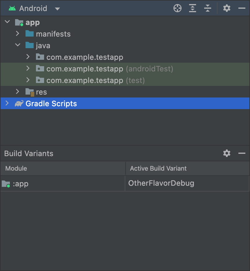 OtherFlavor variant selected and androidTestMyFlavor folder is not
shown in Android view