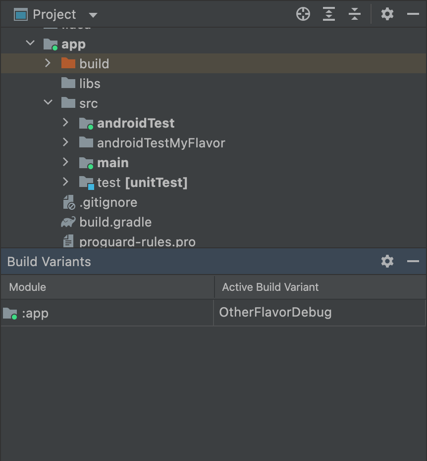 Wybrano wariant OtherFlavor, a folder androidTestMyFlavor nie został wybrany
aktywny w widoku projektu