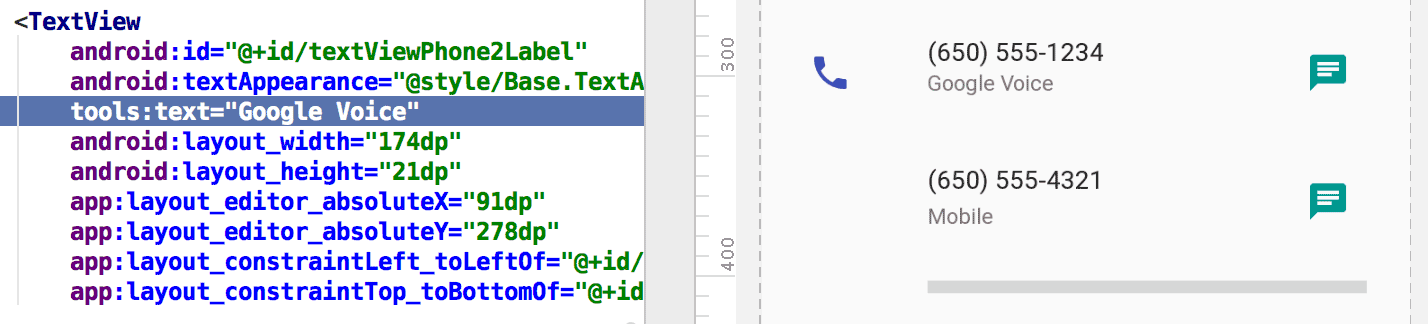 Atribut tools:text menetapkan Google Voice sebagai nilai untuk pratinjau
tata letak