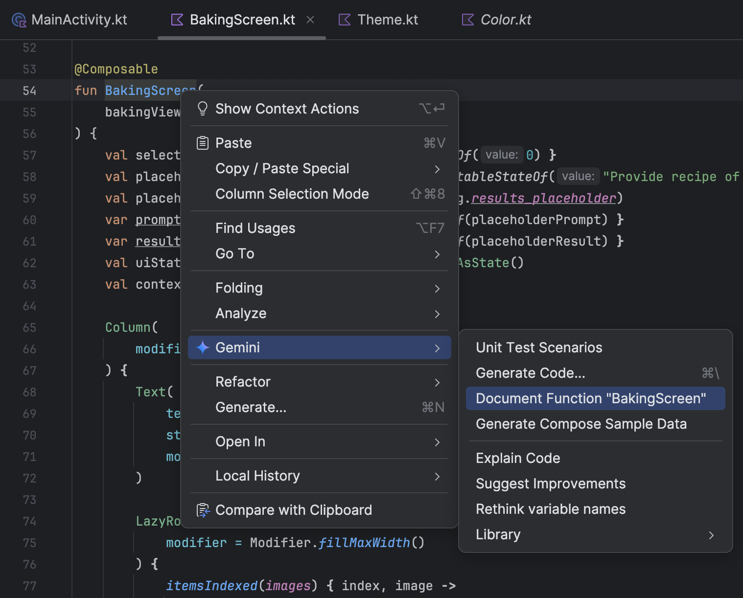 ตัวเลือกฟังก์ชันเอกสารจะปรากฏที่ด้านบนของรายการ