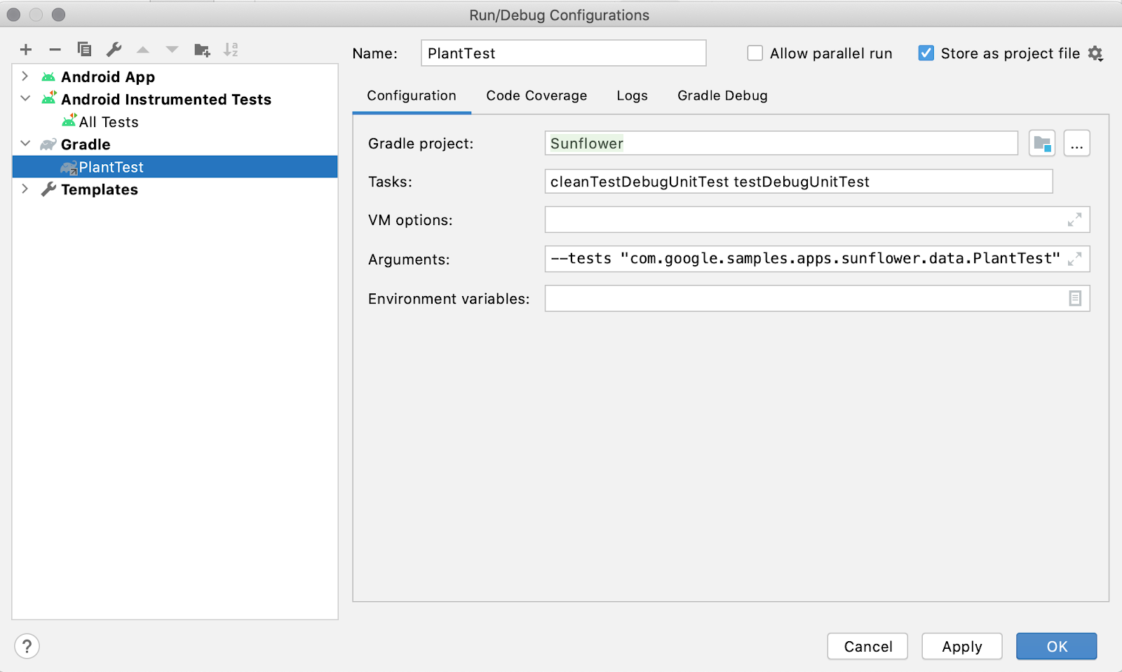 עריכה של הגדרות הבדיקה ב-Android Studio