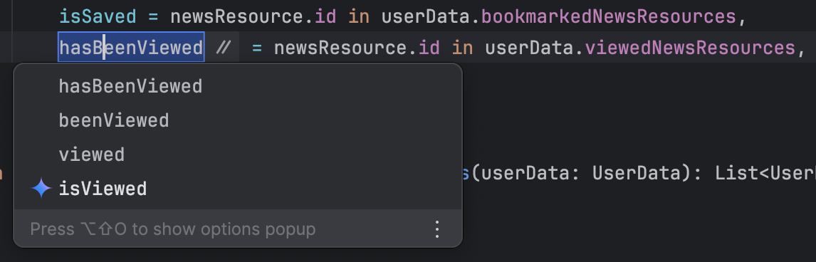 L&#39;azione di refactoring &quot;Rinomina&quot; dell&#39;editor di codice che mostra i suggerimenti per il nome.