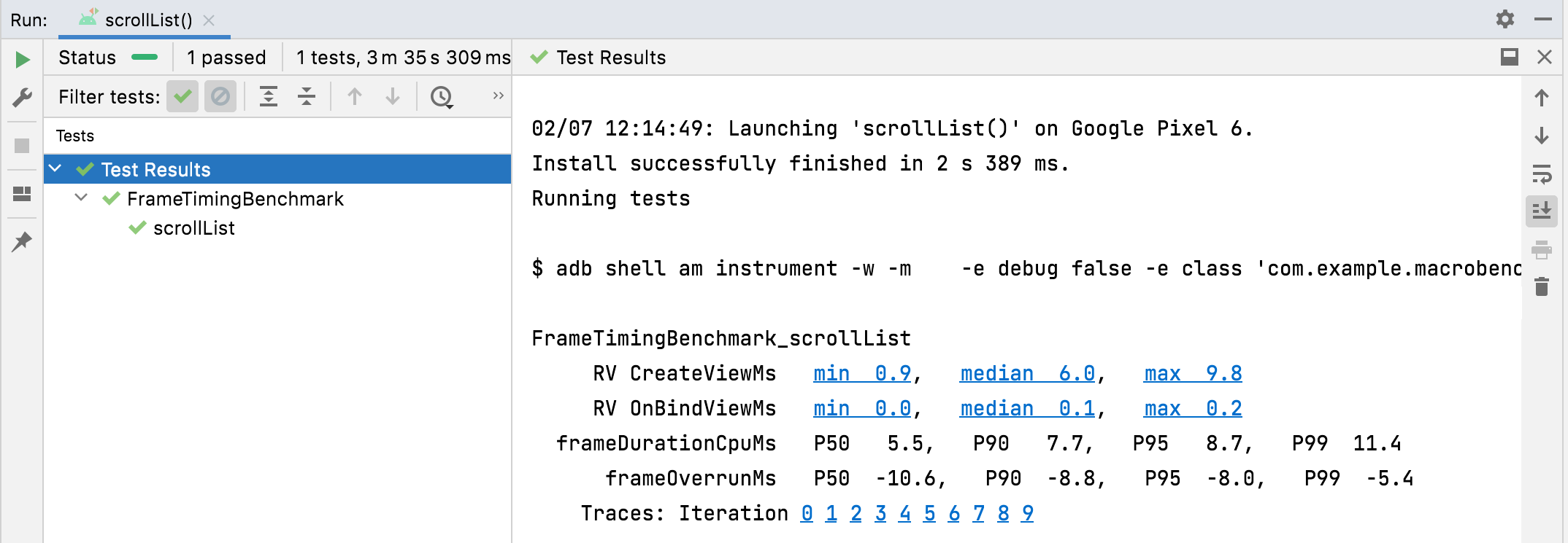 Wyniki TraceSectionMetric i FrameTimingMetric.