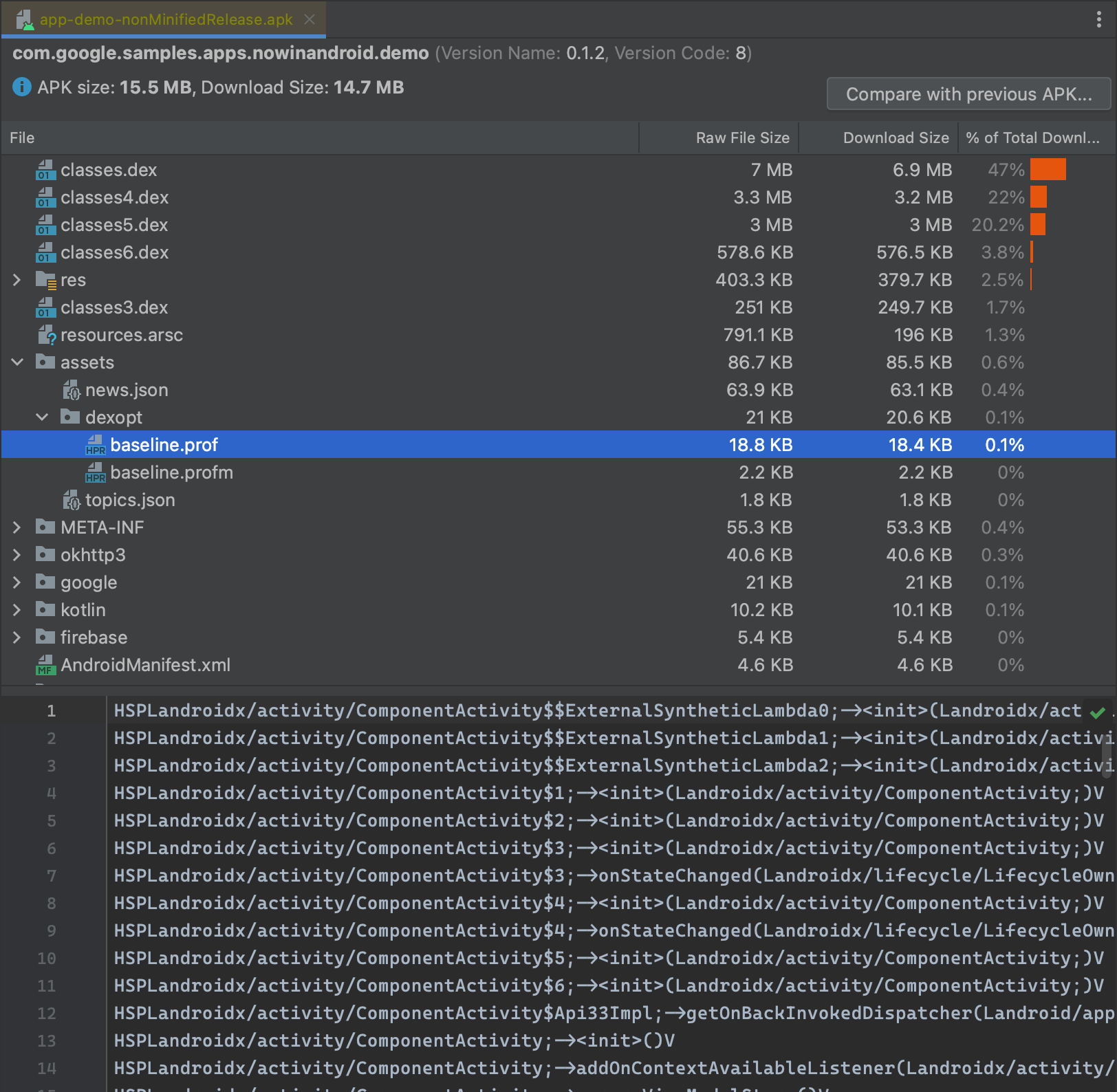 Sprawdzanie profilu bazowego za pomocą narzędzia APK Viewer w Android Studio