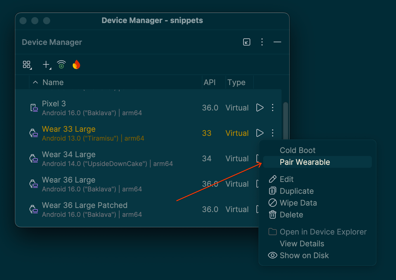 点按要配对的设备旁边的溢出菜单图标，然后选择“Pair Wearable”（配对穿戴式设备）
