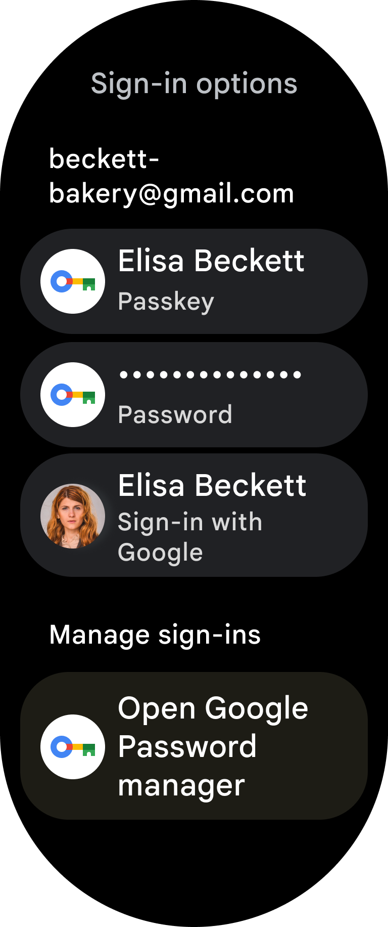 Passkeys, passwords, and Sign in With Google are all available for a user to authenticate with