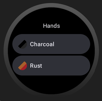 Each color theme appears as an item in a list. The element name
    appears in the screen title