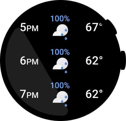 Quadrante Wear OS che mostra un'app meteo completa.